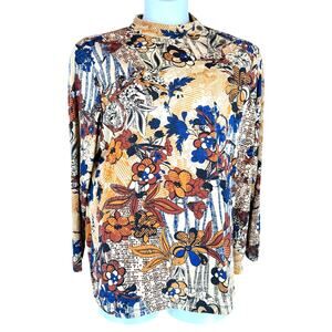 Susan Graver 2X Plus Liquid Knit women gold blue floral blouse career luxury